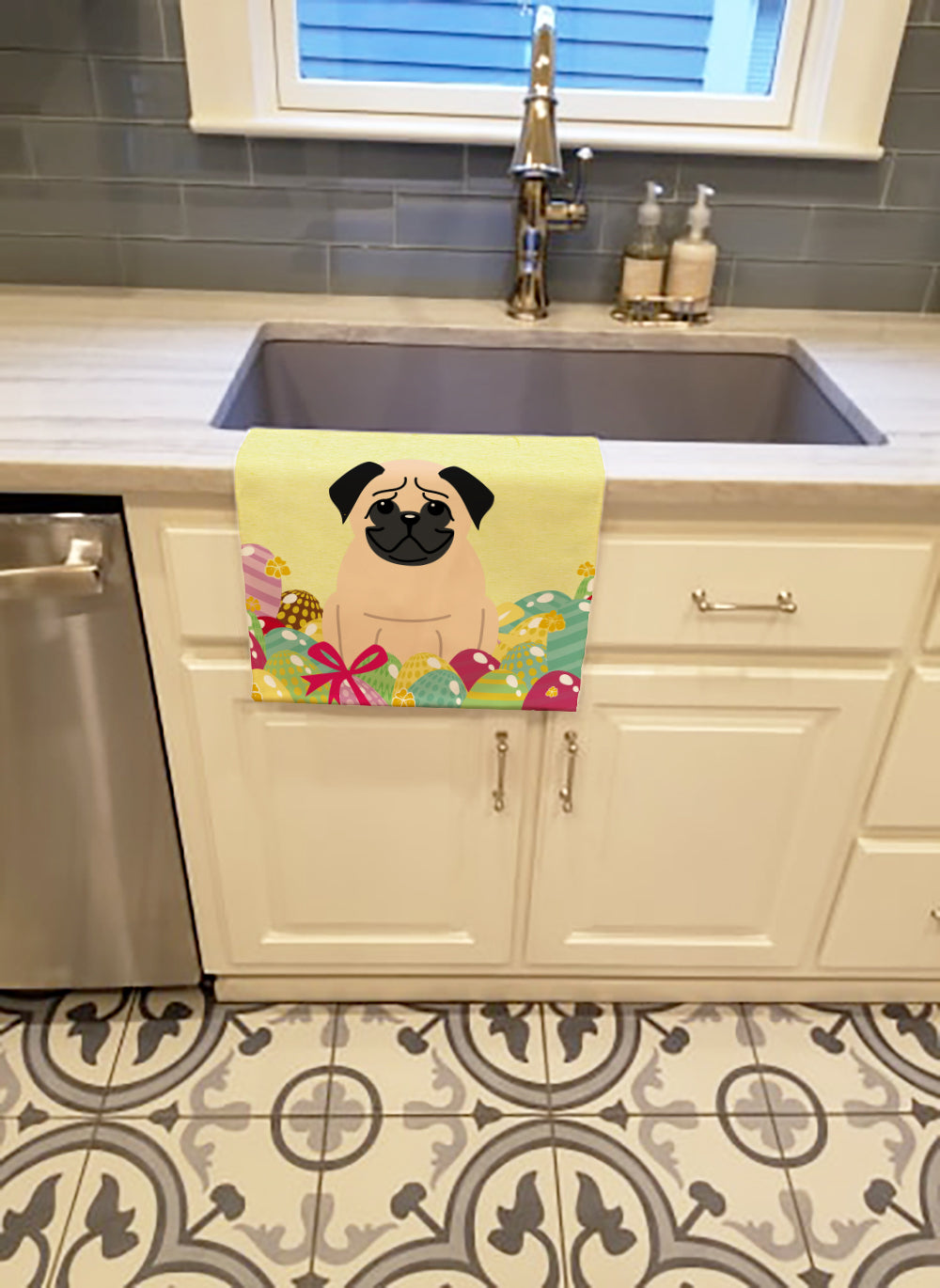 Easter Eggs Pug Fawn Kitchen Towel Velour Plush Front and Cotton Loop Back Machine Washable