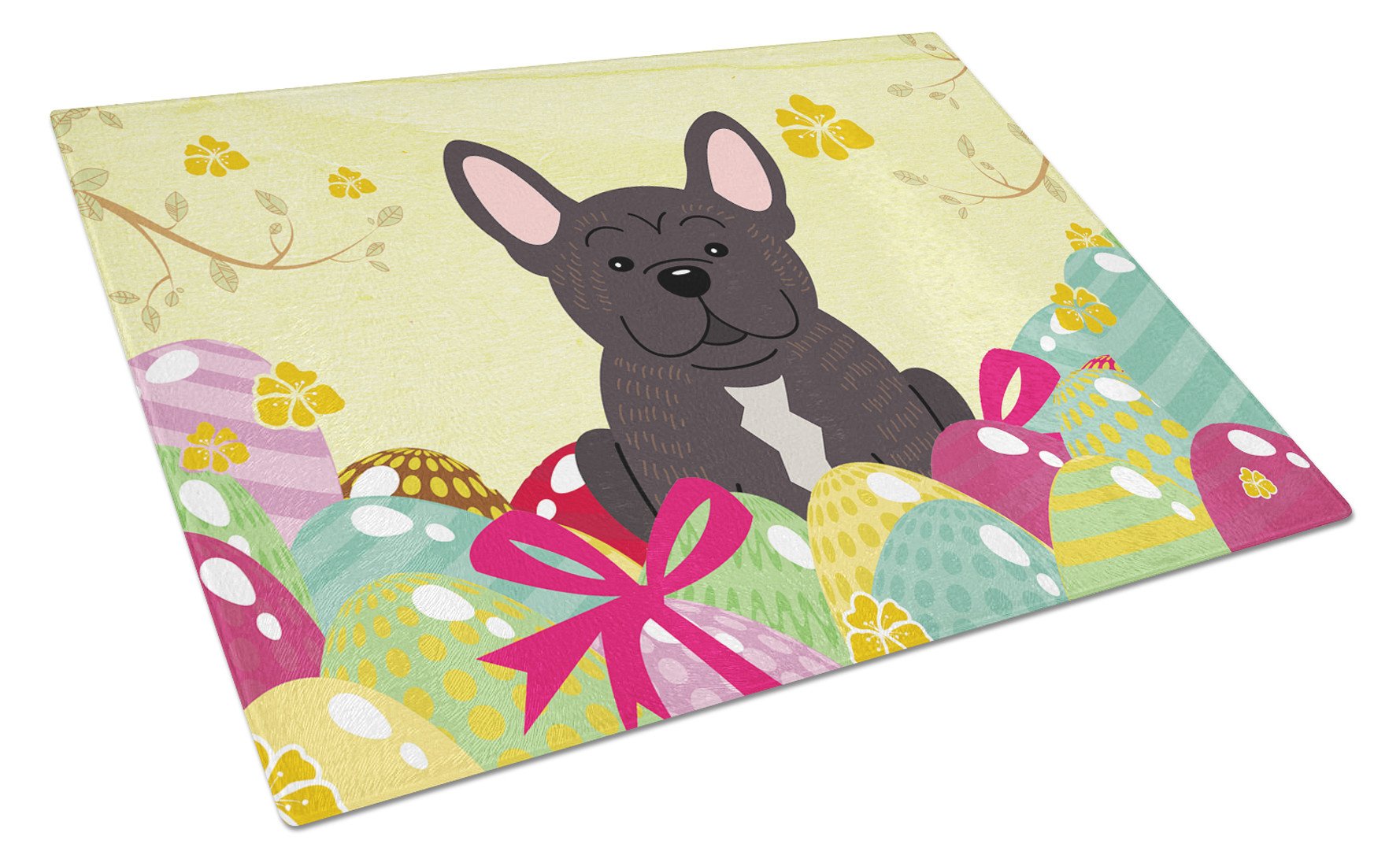 Easter Eggs French Bulldog Brindle Cutting Board Tempered Glass Kitchen Cutting Surface, Heat Resistant Chopping, Non-Slip Feet, Food Prep & Serving