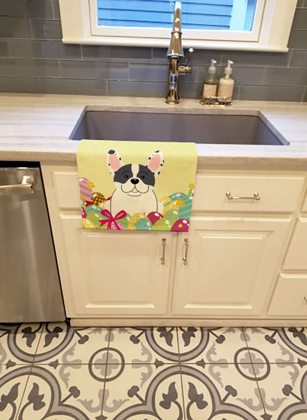 Easter Eggs French Bulldog Piebald Kitchen Towel Velour Plush Front and Cotton Loop Back Machine Washable