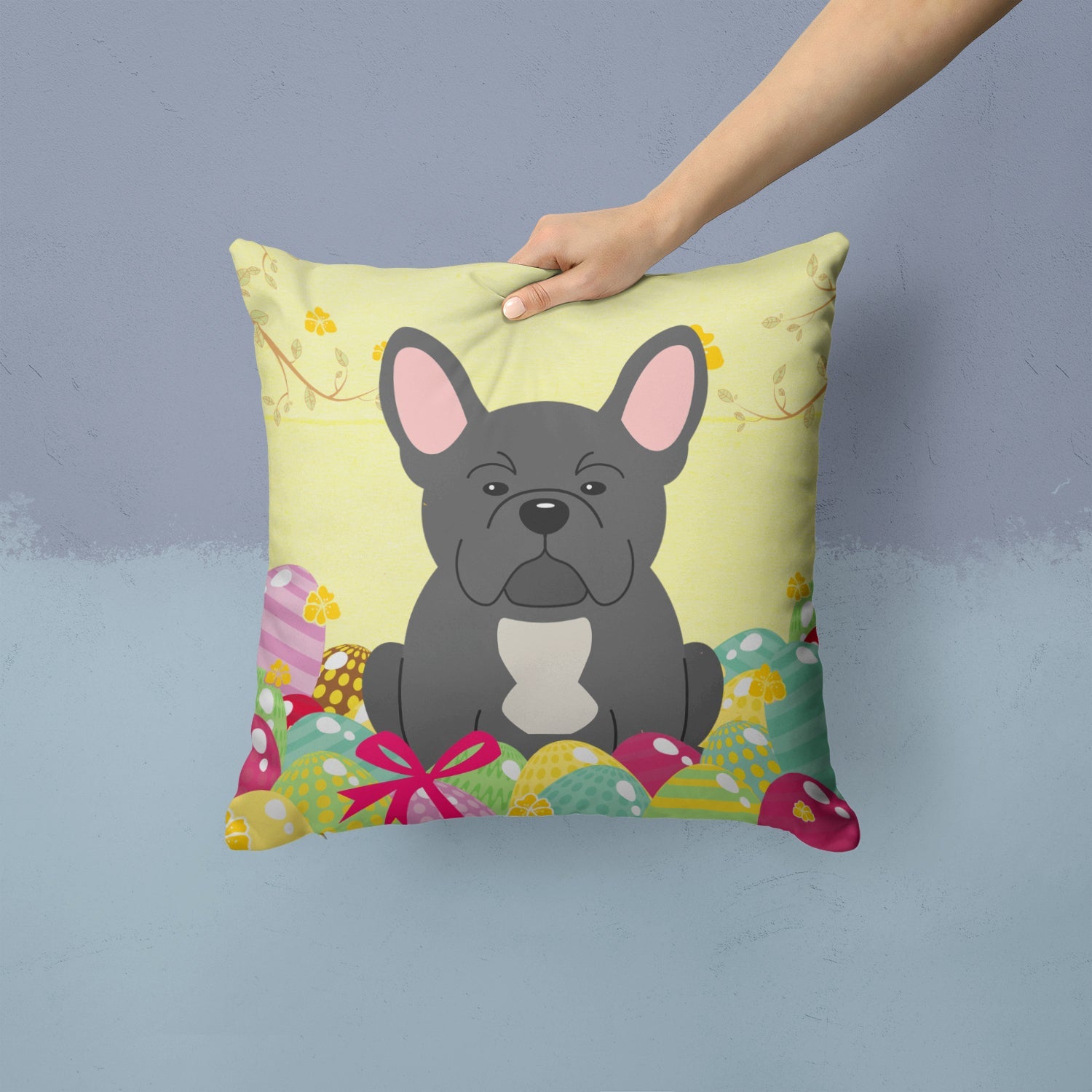 Easter Eggs French Bulldog Black Decorative Throw Pillow 14x14 Indoor Outdoor Accent Cushion, Fabric Cover with Insert for Sofa, Bed, Porch & Living Room