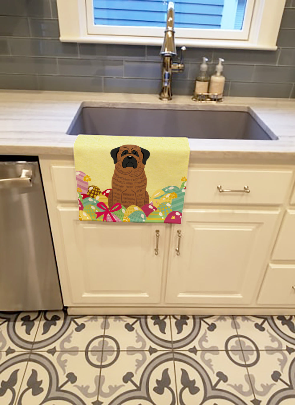 Easter Eggs Mastiff Brindle Kitchen Towel Velour Plush Front and Cotton Loop Back Machine Washable