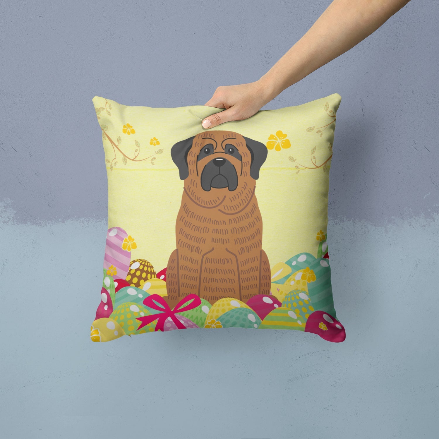 Easter Eggs Mastiff Brindle Decorative Throw Pillow 14x14 Indoor Outdoor Accent Cushion, Fabric Cover with Insert for Sofa, Bed, Porch & Living Room