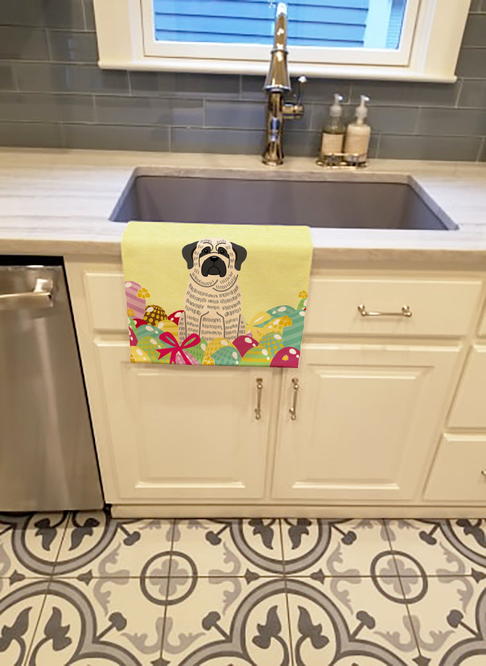 Easter Eggs Mastiff Brindle White Kitchen Towel Velour Plush Front and Cotton Loop Back Machine Washable