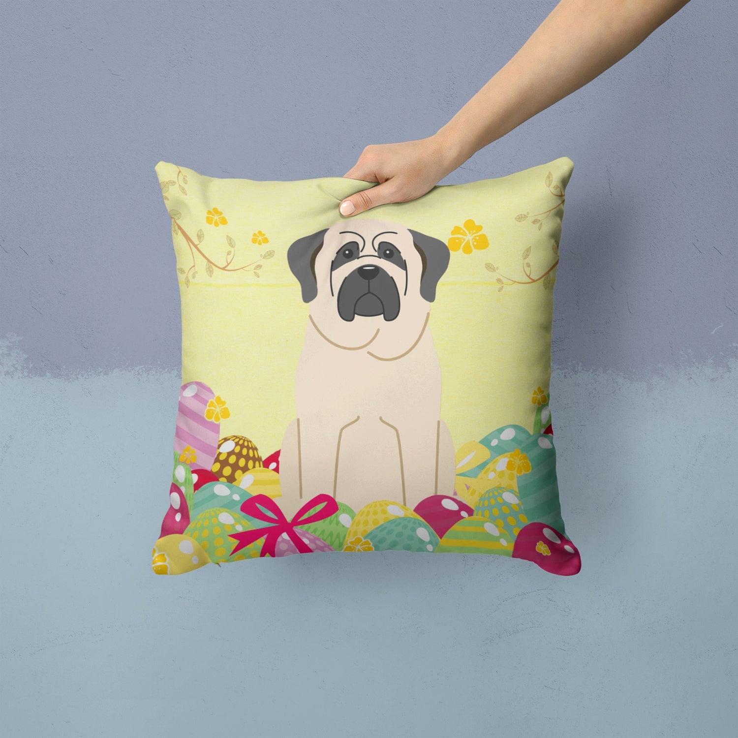 Easter Eggs Mastiff White Decorative Throw Pillow 14x14 Indoor Outdoor Accent Cushion, Fabric Cover with Insert for Sofa, Bed, Porch & Living Room