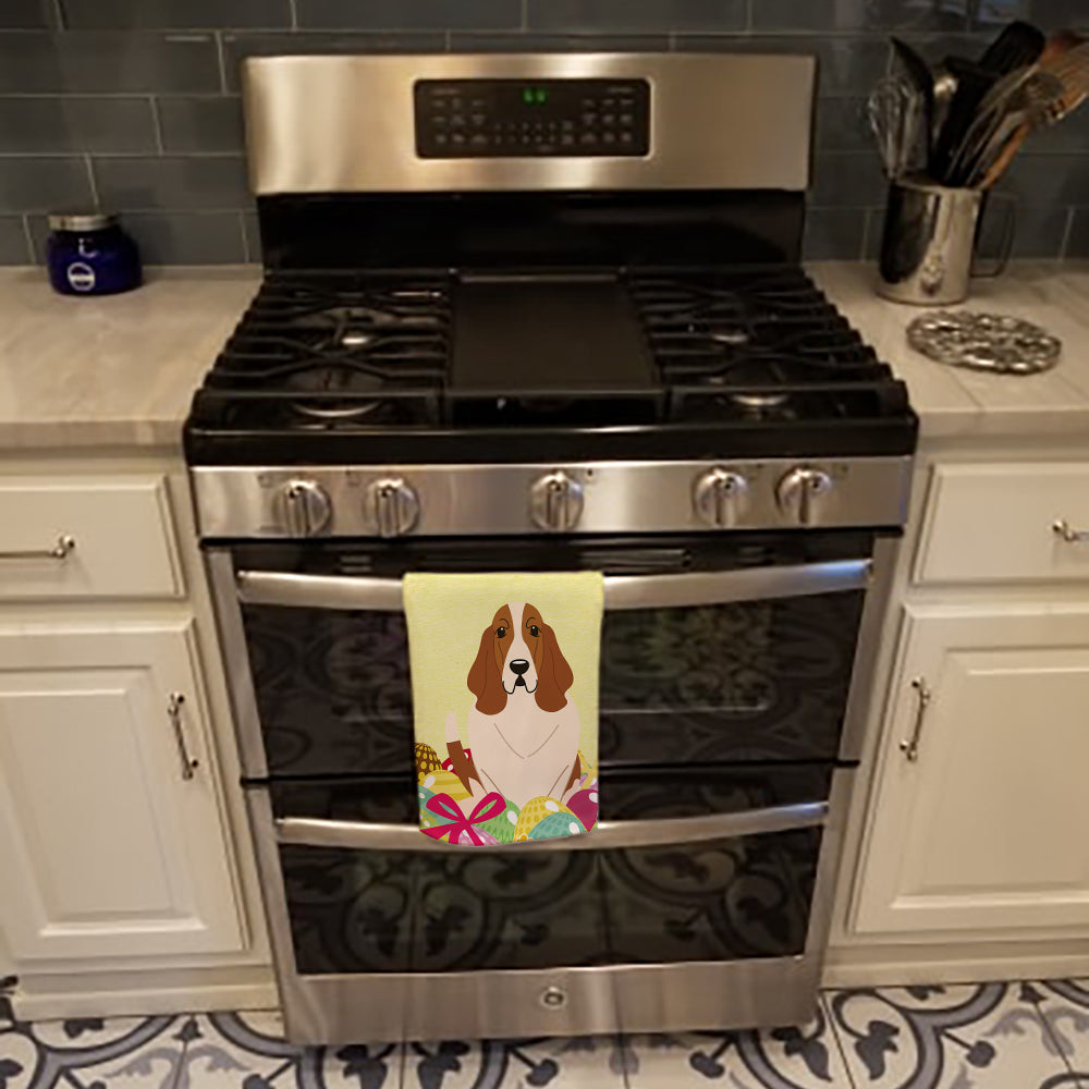Easter Eggs Basset Hound Kitchen Towel Velour Plush Front and Cotton Loop Back Machine Washable