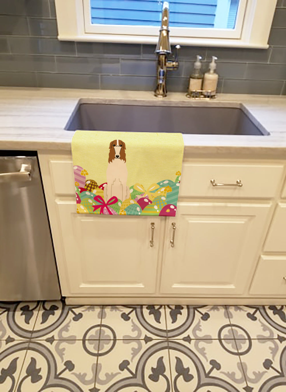 Easter Eggs Borzoi Kitchen Towel Velour Plush Front and Cotton Loop Back Machine Washable