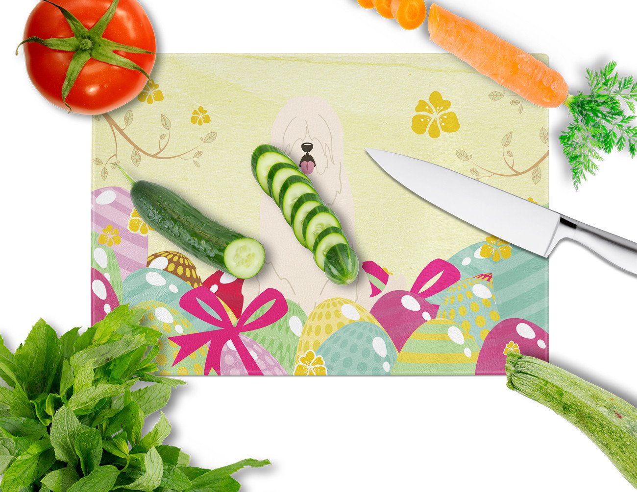 Easter Eggs South Russian Sheepdog Cutting Board Tempered Glass Kitchen Cutting Surface, Heat Resistant Chopping, Non-Slip Feet, Food Prep & Serving