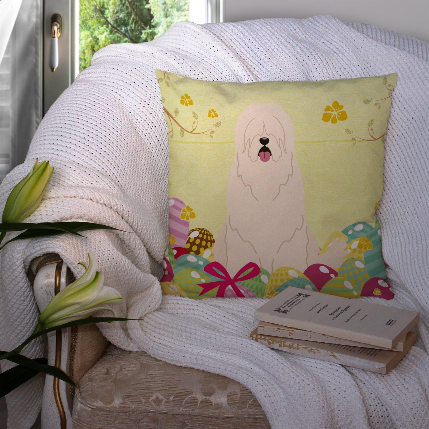 Easter Eggs South Russian Sheepdog Decorative Throw Pillow 14x14 Indoor Outdoor Accent Cushion, Fabric Cover with Insert for Sofa, Bed, Porch & Living Room