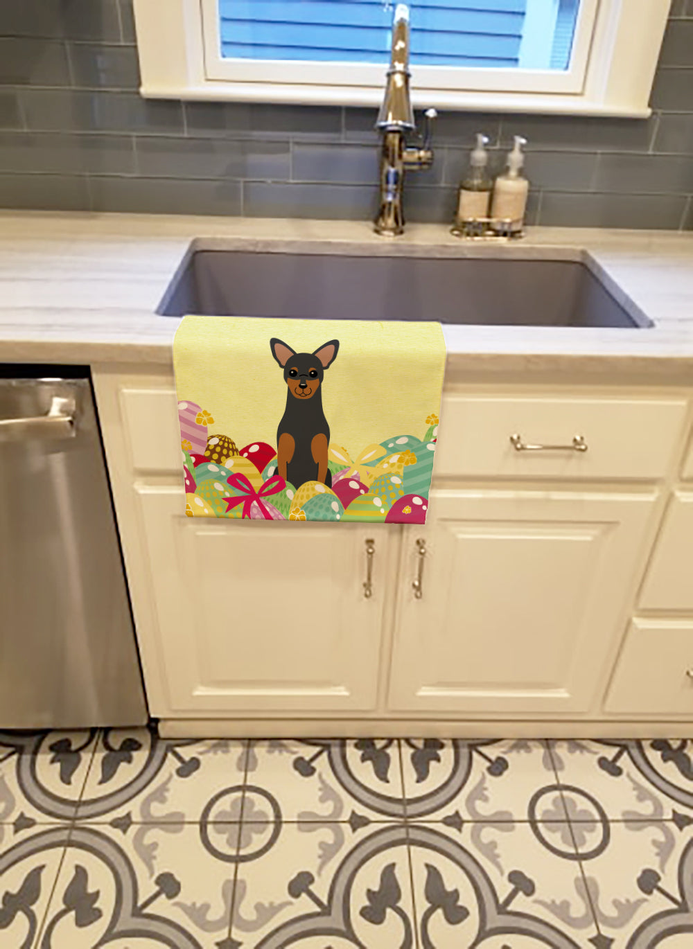 Easter Eggs Manchester Terrier Kitchen Towel Velour Plush Front and Cotton Loop Back Machine Washable