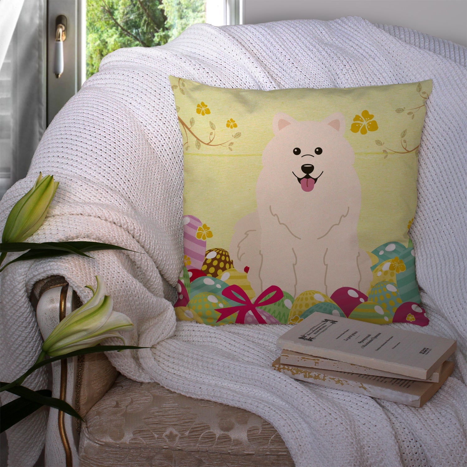 Easter Eggs Samoyed Decorative Throw Pillow 14x14 Indoor Outdoor Accent Cushion, Fabric Cover with Insert for Sofa, Bed, Porch & Living Room