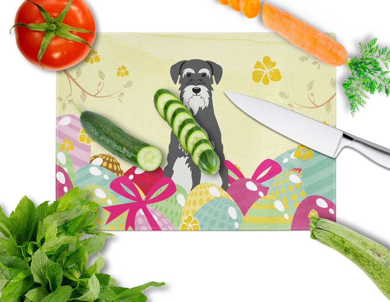Easter Eggs Standard Schnauzer Salt and Pepper Cutting Board Tempered Glass Kitchen Cutting Surface, Heat Resistant Chopping, Non-Slip Feet, Food Prep & Serving