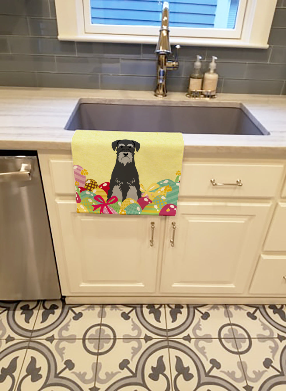 Easter Eggs Standard Schnauzer Black Grey Kitchen Towel Velour Plush Front and Cotton Loop Back Machine Washable