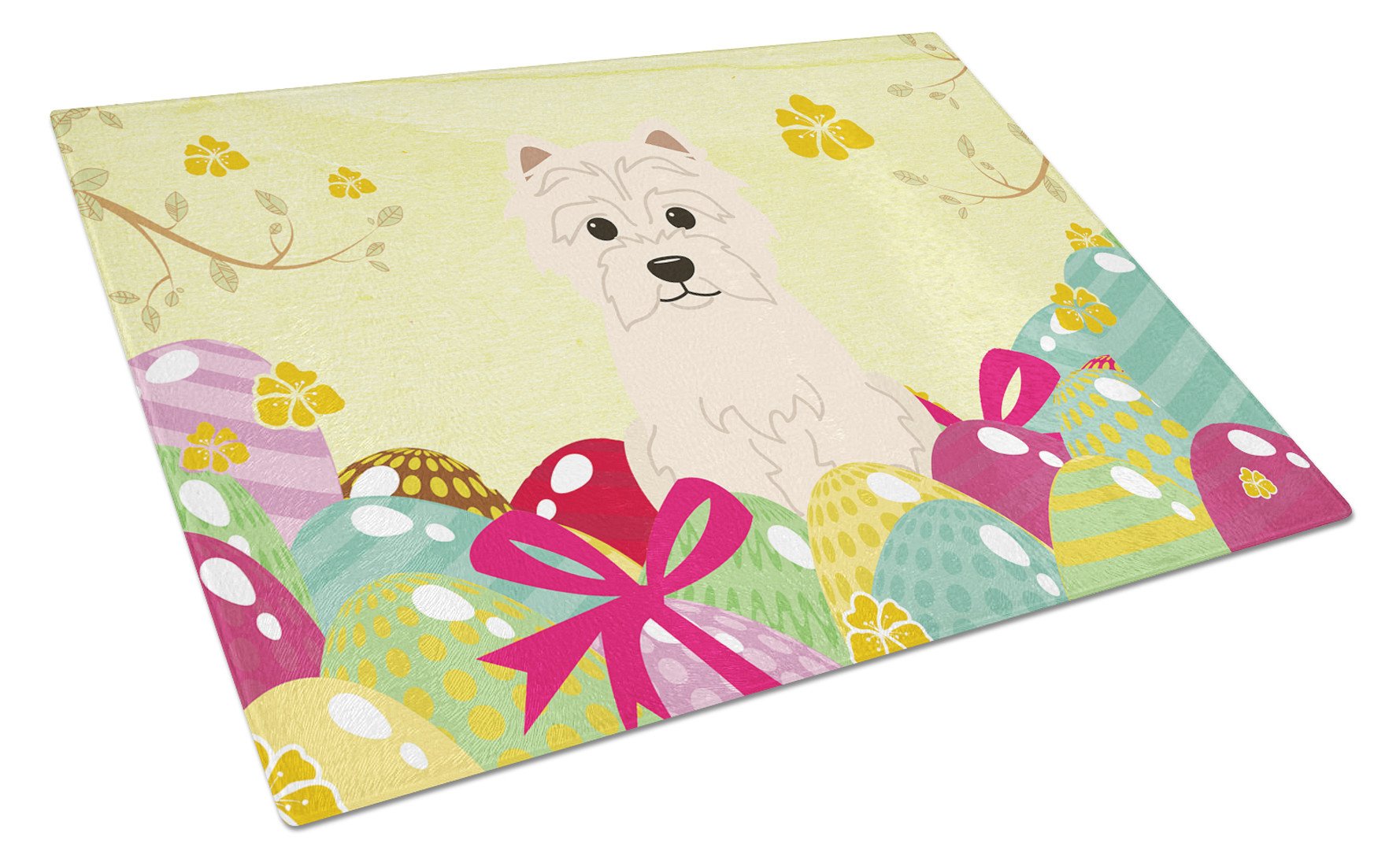 Easter Eggs Westie Cutting Board Tempered Glass Kitchen Cutting Surface, Heat Resistant Chopping, Non-Slip Feet, Food Prep & Serving