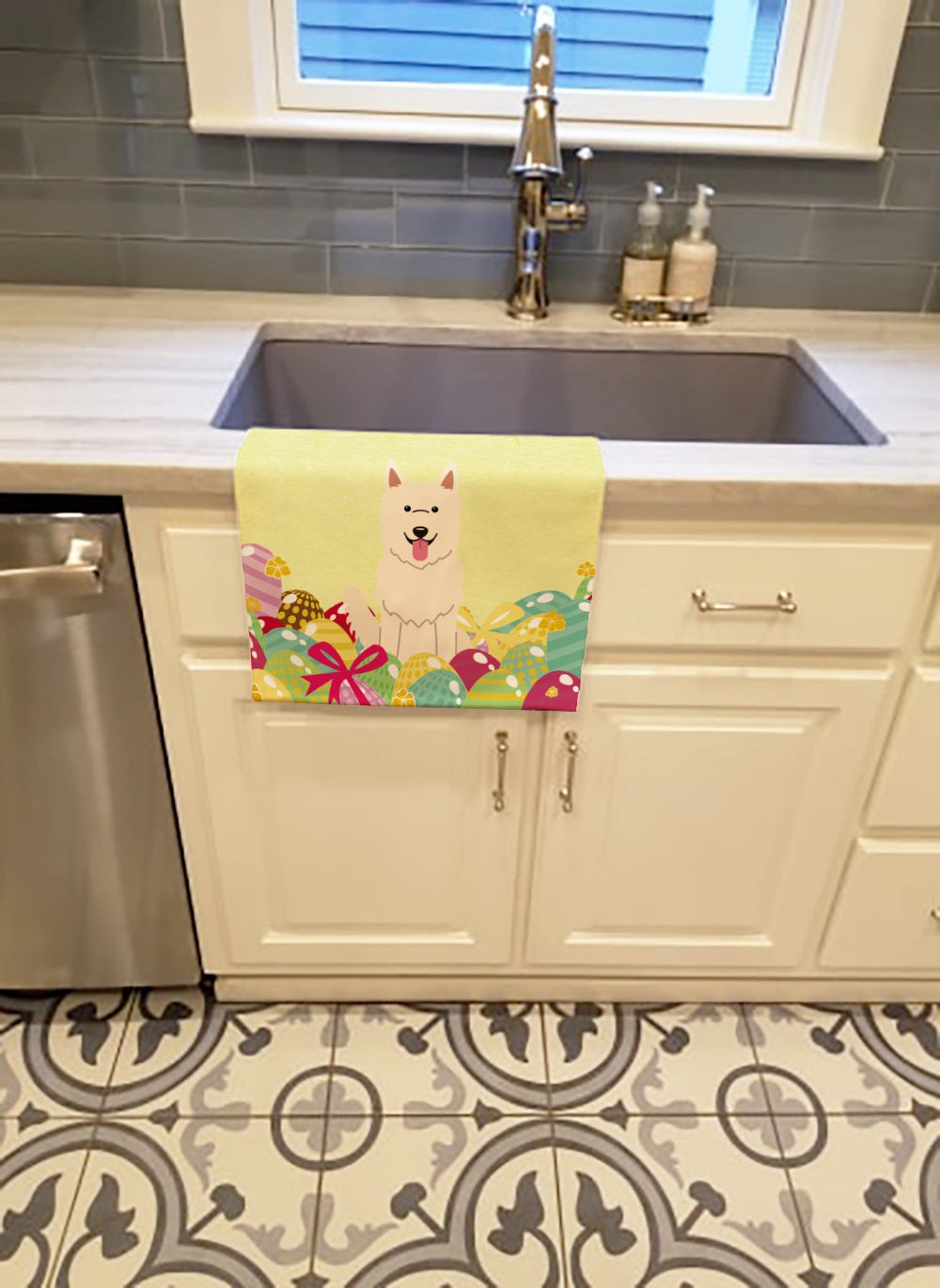 Easter Eggs White German Shepherd Kitchen Towel Velour Plush Front and Cotton Loop Back Machine Washable