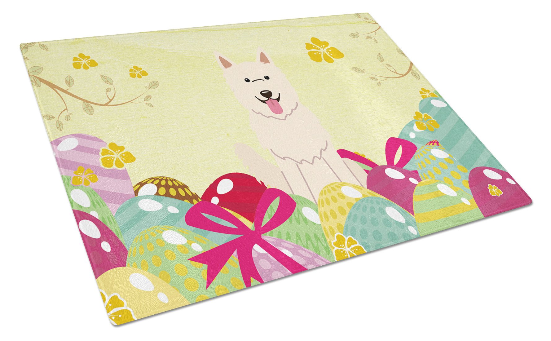 Easter Eggs White German Shepherd Cutting Board Tempered Glass Kitchen Cutting Surface, Heat Resistant Chopping, Non-Slip Feet, Food Prep & Serving