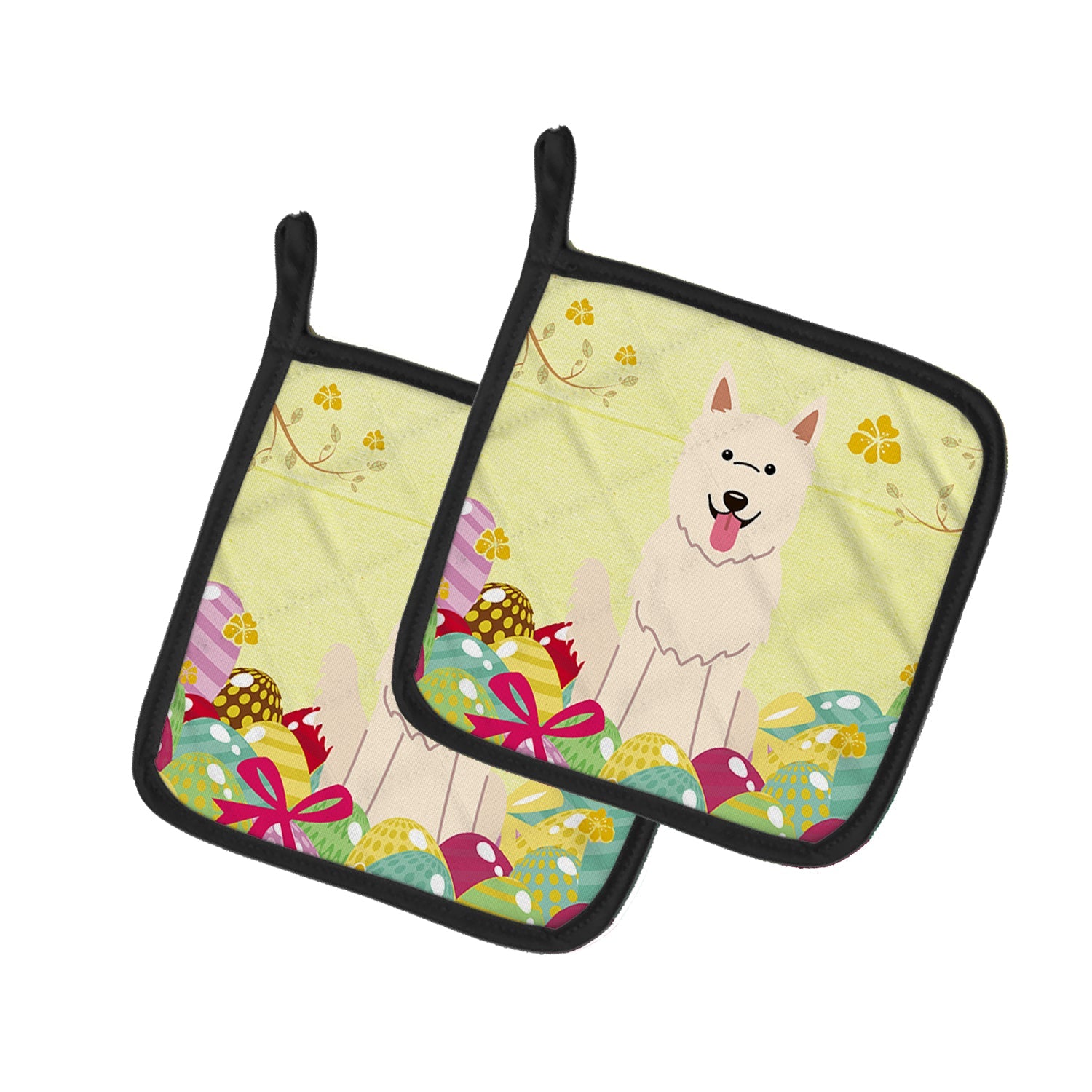 Easter Eggs White German Shepherd Pot Holder Set of 2 Heat Resistant Quilted Hot Pads 7.5 x 7.5 Inch, Insulated Kitchen Trivets for Cooking & Baking
