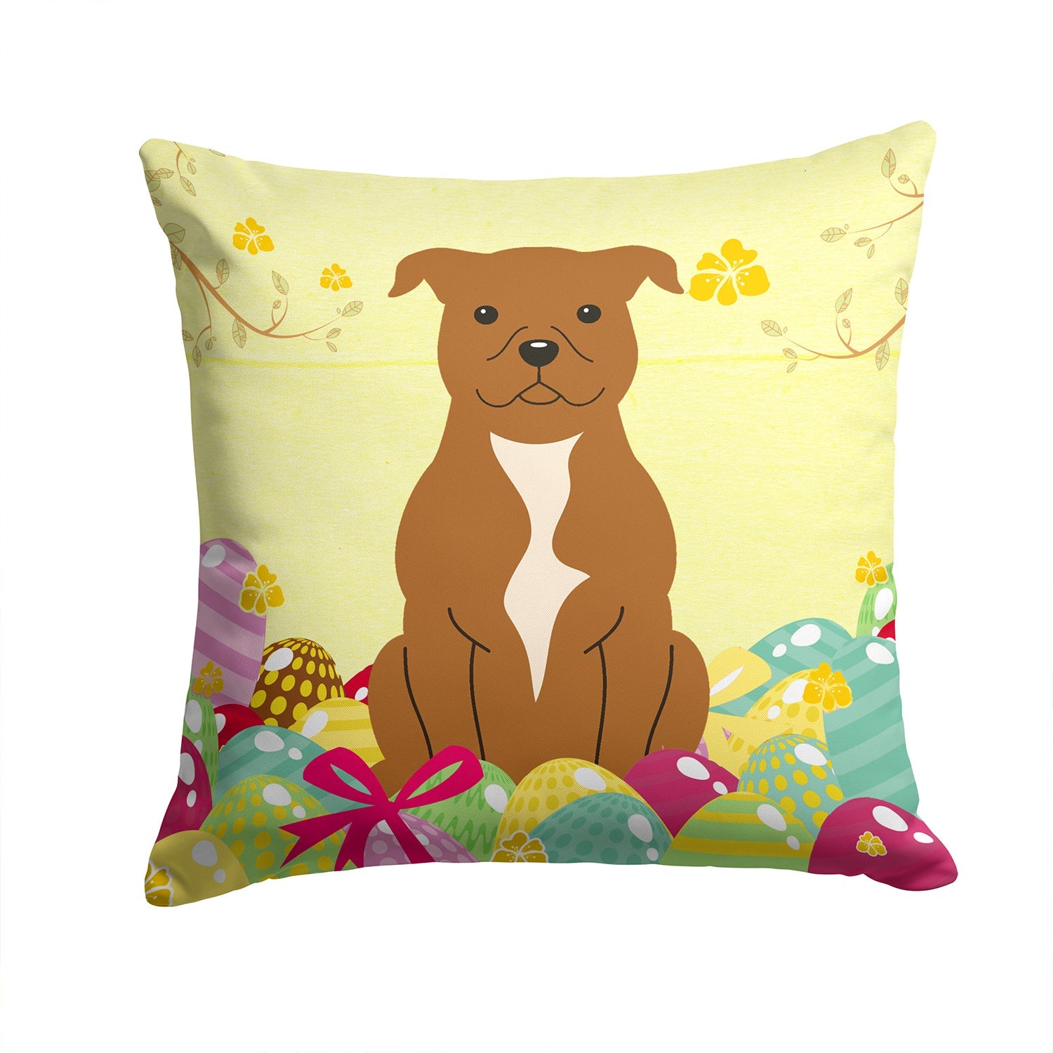 Easter Eggs Staffordshire Bull Terrier Brown Decorative Throw Pillow 14x14 Indoor Outdoor Accent Cushion, Fabric Cover with Insert for Sofa, Bed, Porch & Living Room