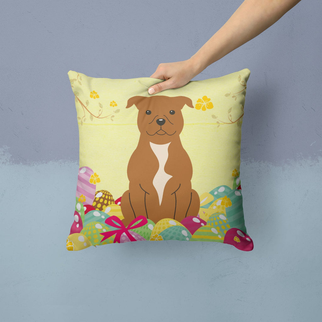 Easter Eggs Staffordshire Bull Terrier Brown Decorative Throw Pillow 14x14 Indoor Outdoor Accent Cushion, Fabric Cover with Insert for Sofa, Bed, Porch & Living Room