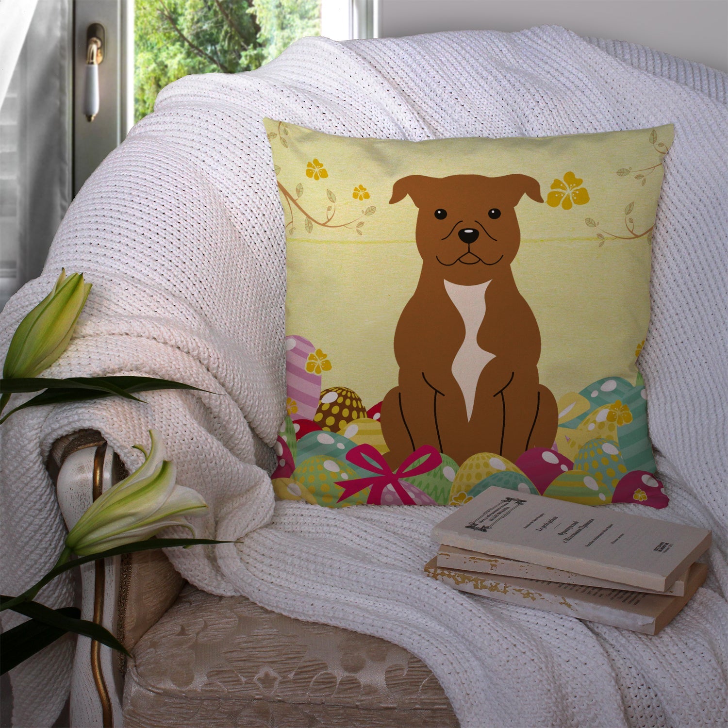 Easter Eggs Staffordshire Bull Terrier Brown Decorative Throw Pillow 14x14 Indoor Outdoor Accent Cushion, Fabric Cover with Insert for Sofa, Bed, Porch & Living Room