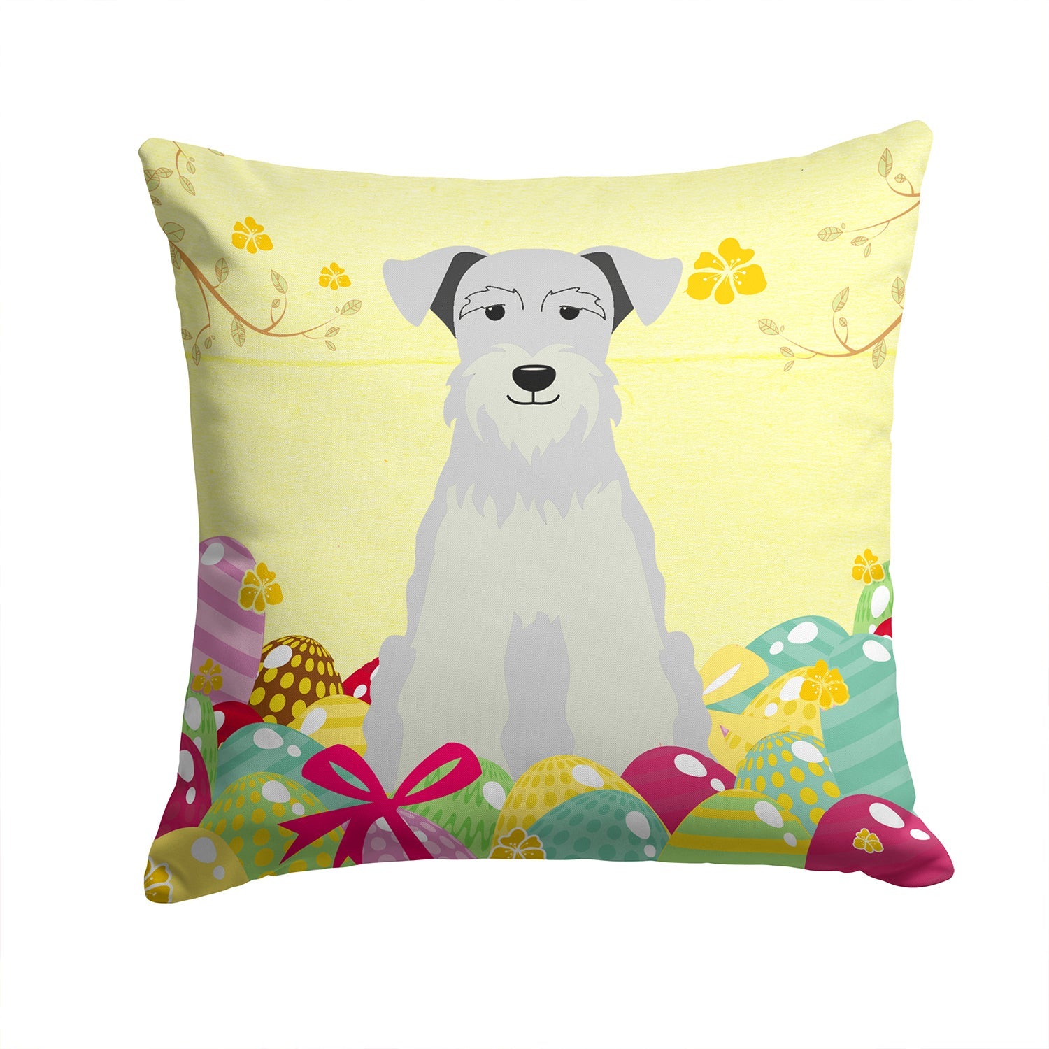 Easter Eggs Miniature Schnauzer White Decorative Throw Pillow 14x14 Indoor Outdoor Accent Cushion, Fabric Cover with Insert for Sofa, Bed, Porch & Living Room