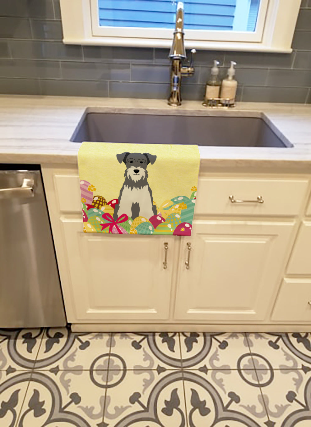 Easter Eggs Miniature Schnauzer Salt and Pepper Kitchen Towel Velour Plush Front and Cotton Loop Back Machine Washable