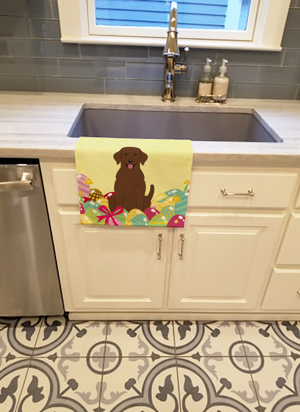 Easter Eggs Chocolate Labrador Kitchen Towel Velour Plush Front and Cotton Loop Back Machine Washable