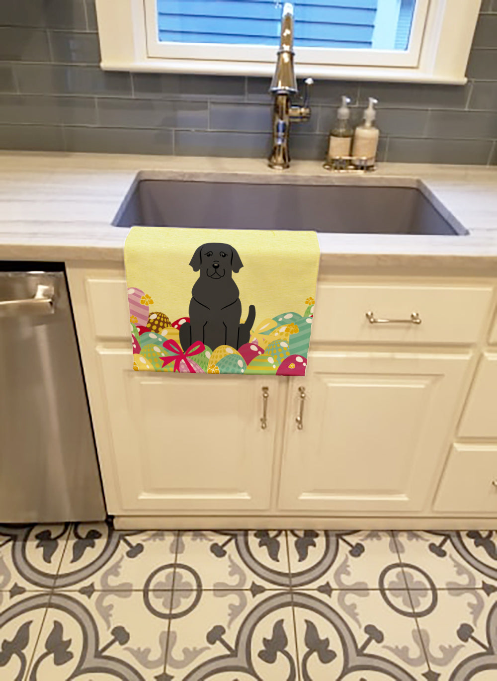 Easter Eggs Black Labrador Kitchen Towel Velour Plush Front and Cotton Loop Back Machine Washable