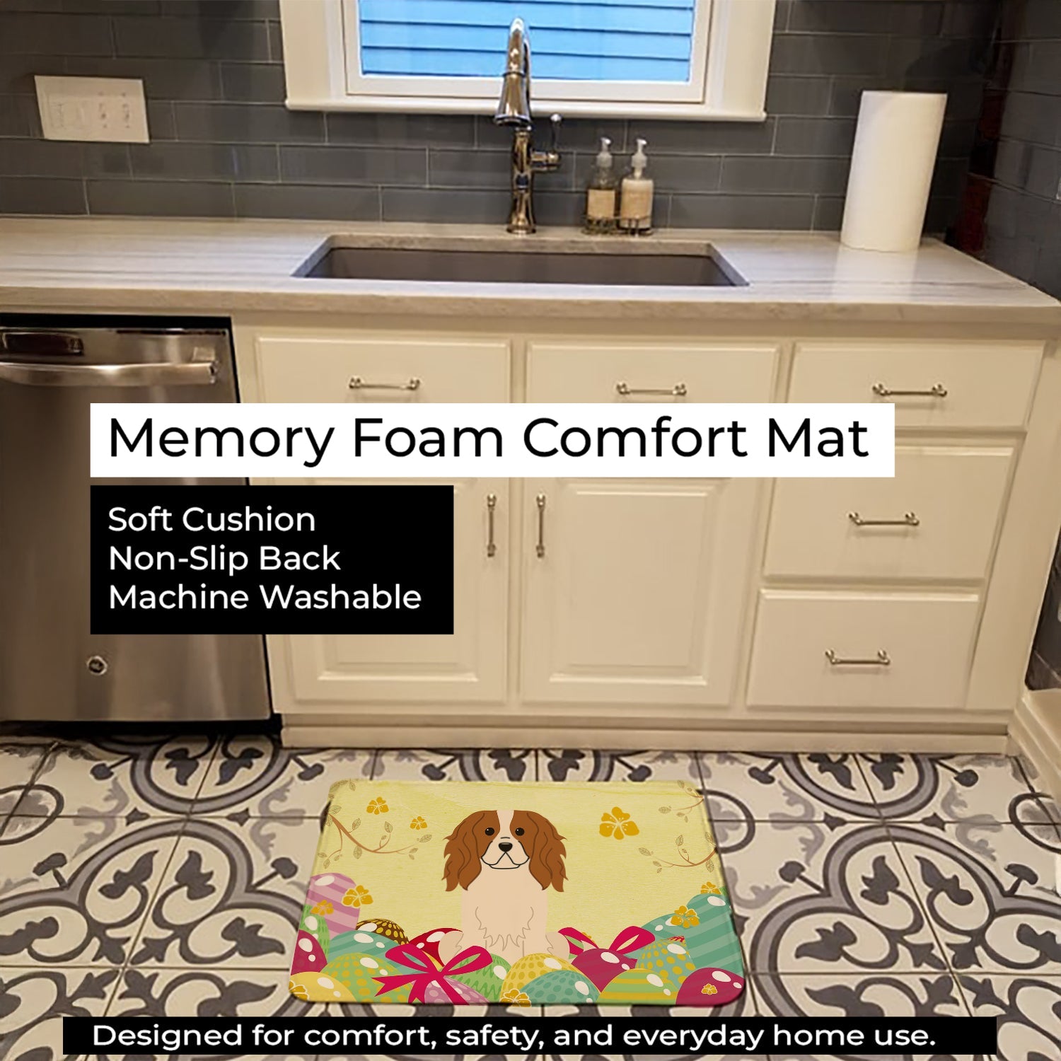 Easter Eggs Cavalier Spaniel Memory Foam Kitchen Mat Machine Washable Anti-Fatigue Cushion Comfort Bath or Kitchen Rug