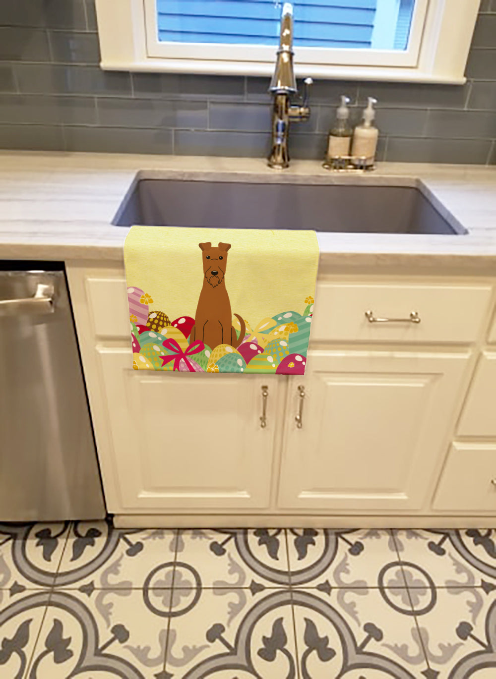 Easter Eggs Irish Terrier Kitchen Towel Velour Plush Front and Cotton Loop Back Machine Washable