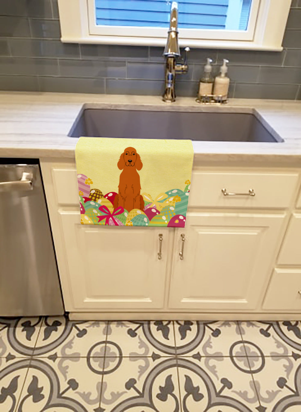 Easter Eggs Irish Setter Kitchen Towel Velour Plush Front and Cotton Loop Back Machine Washable