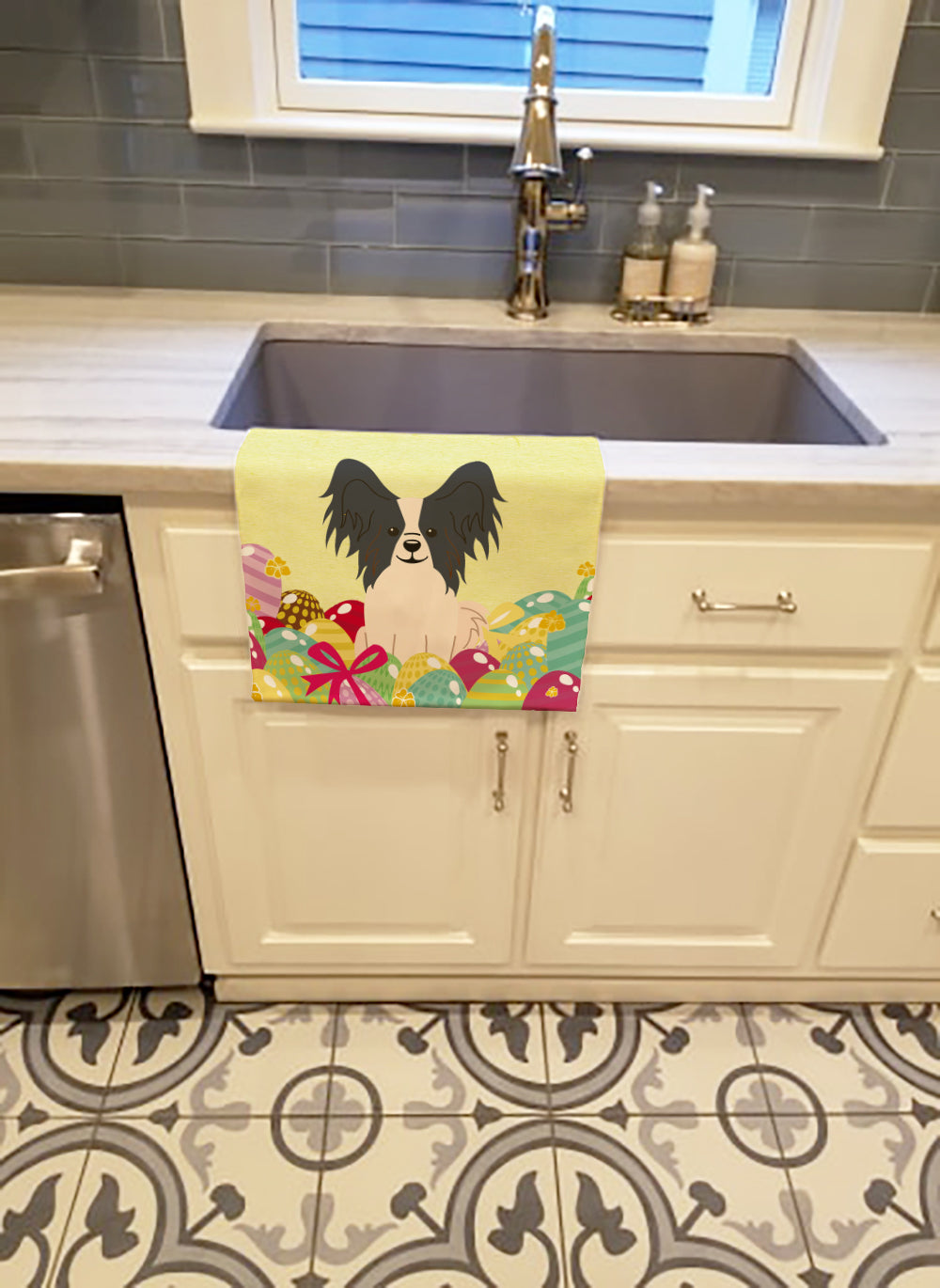 Easter Eggs Papillon Black White Kitchen Towel Velour Plush Front and Cotton Loop Back Machine Washable