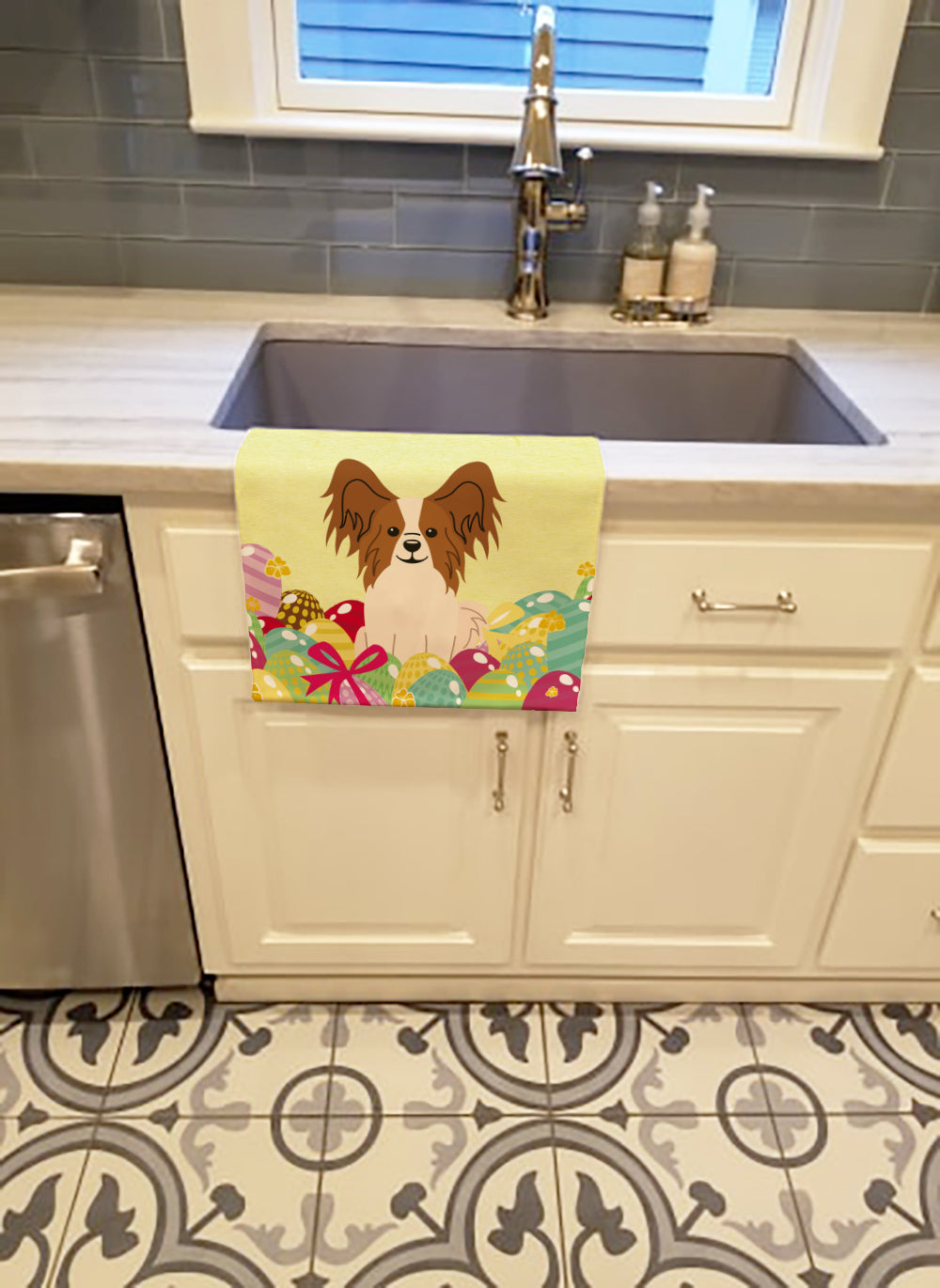 Easter Eggs Papillon Red White Kitchen Towel Velour Plush Front and Cotton Loop Back Machine Washable