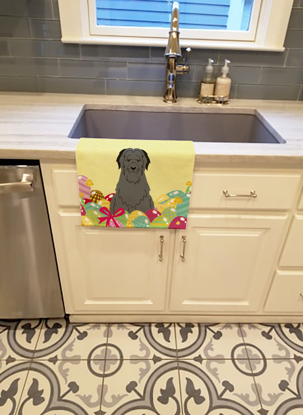 Easter Eggs Briard Black Kitchen Towel Velour Plush Front and Cotton Loop Back Machine Washable