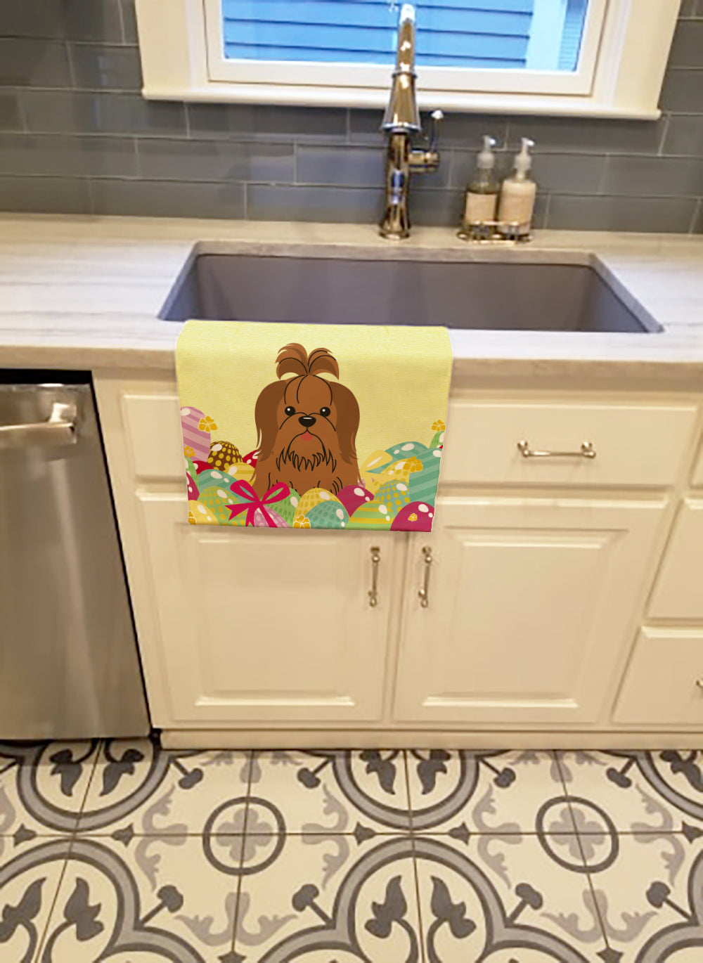 Easter Eggs Shih Tzu Silver Chocolate Kitchen Towel Velour Plush Front and Cotton Loop Back Machine Washable