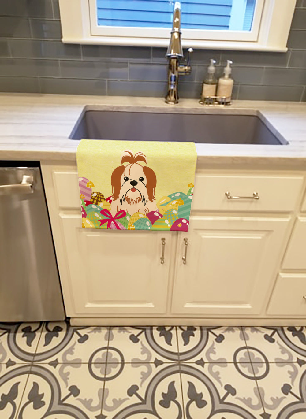 Easter Eggs Shih Tzu Red White Kitchen Towel Velour Plush Front and Cotton Loop Back Machine Washable