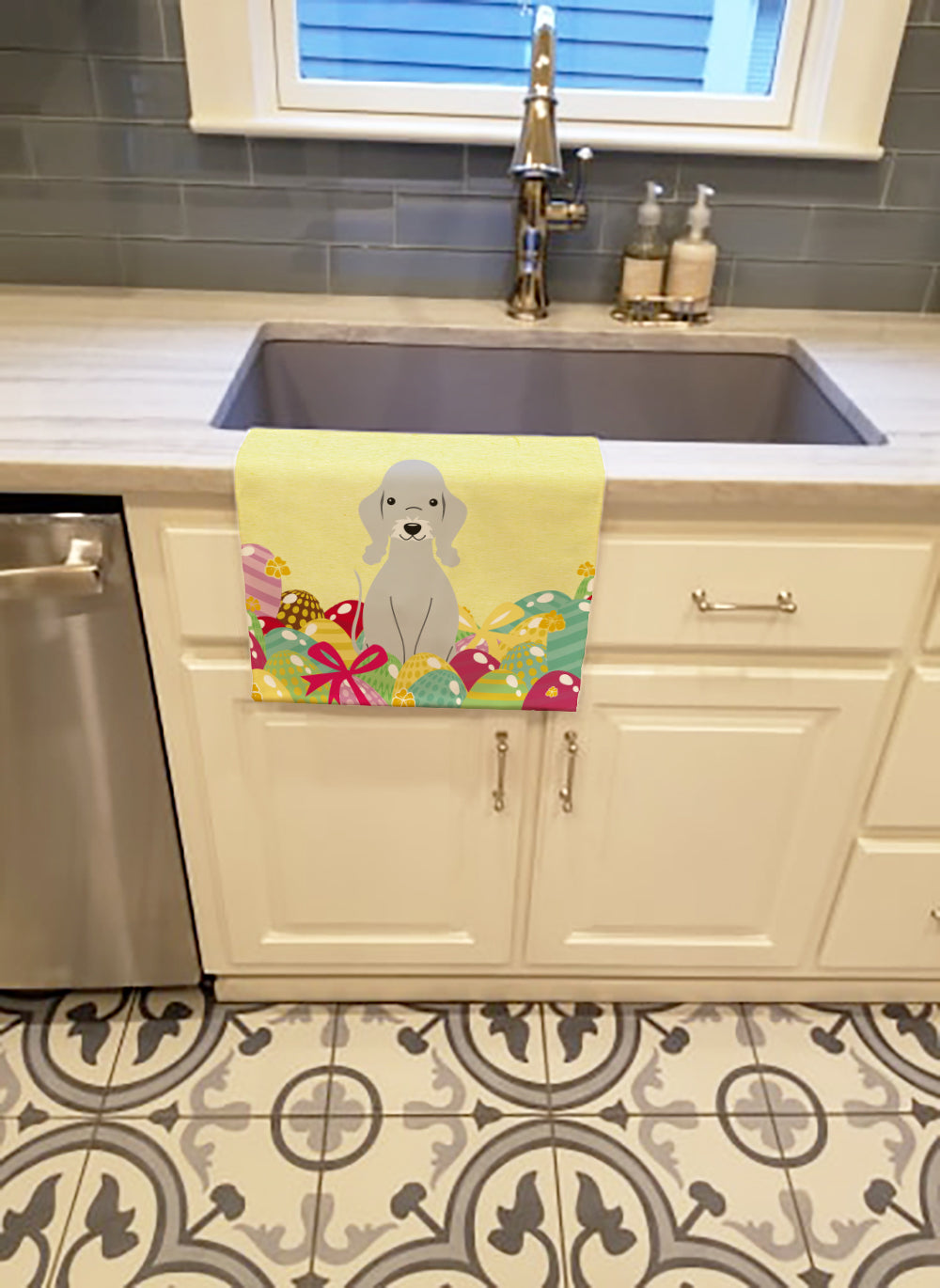 Easter Eggs Bedlington Terrier Blue Kitchen Towel Velour Plush Front and Cotton Loop Back Machine Washable