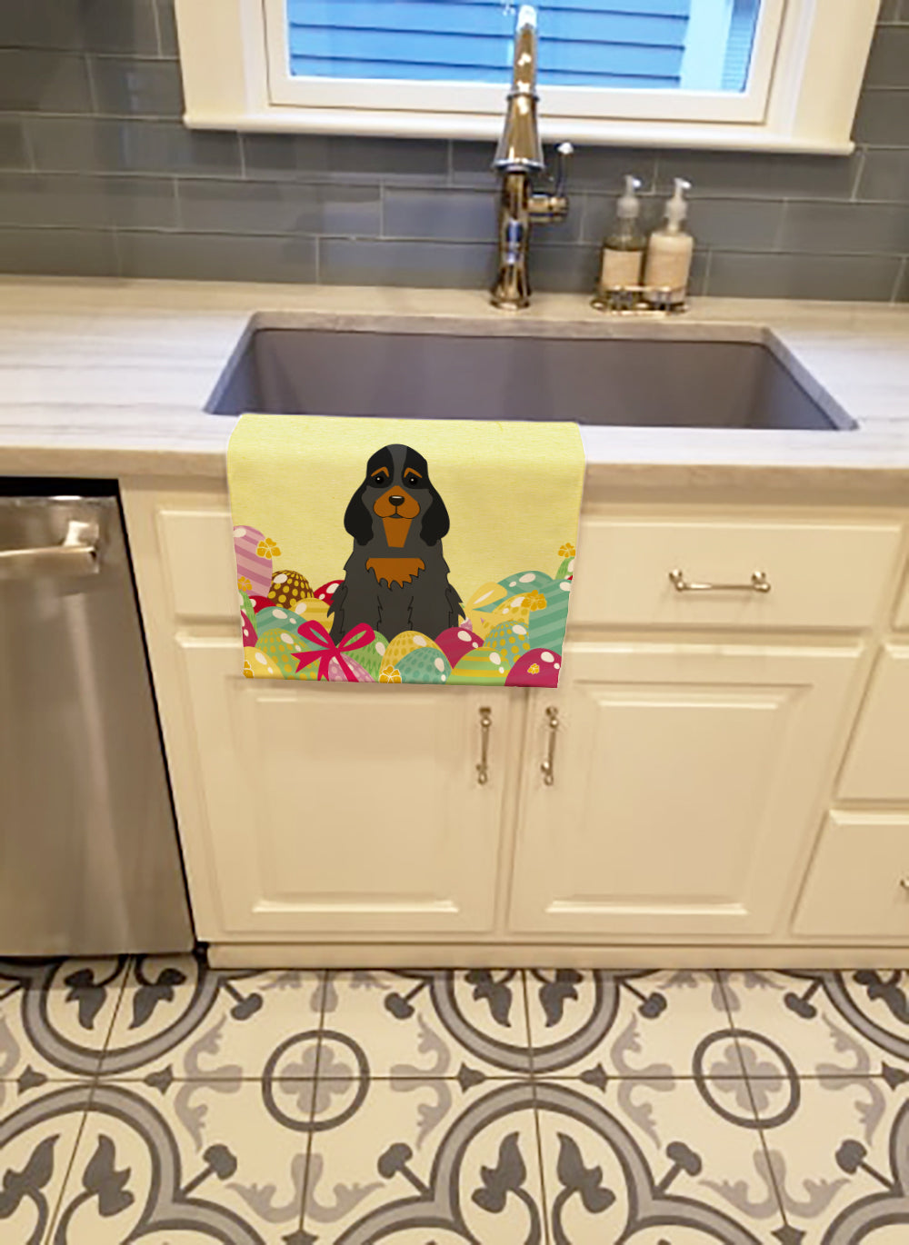 Easter Eggs Cocker Spaniel Black Tan Kitchen Towel Velour Plush Front and Cotton Loop Back Machine Washable