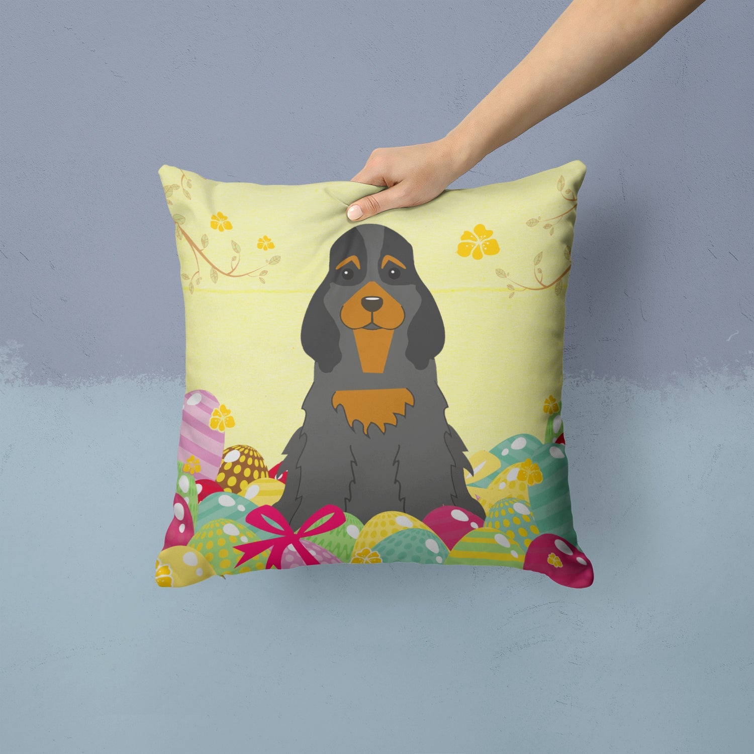 Easter Eggs Cocker Spaniel Black Tan Decorative Throw Pillow 14x14 Indoor Outdoor Accent Cushion, Fabric Cover with Insert for Sofa, Bed, Porch & Living Room