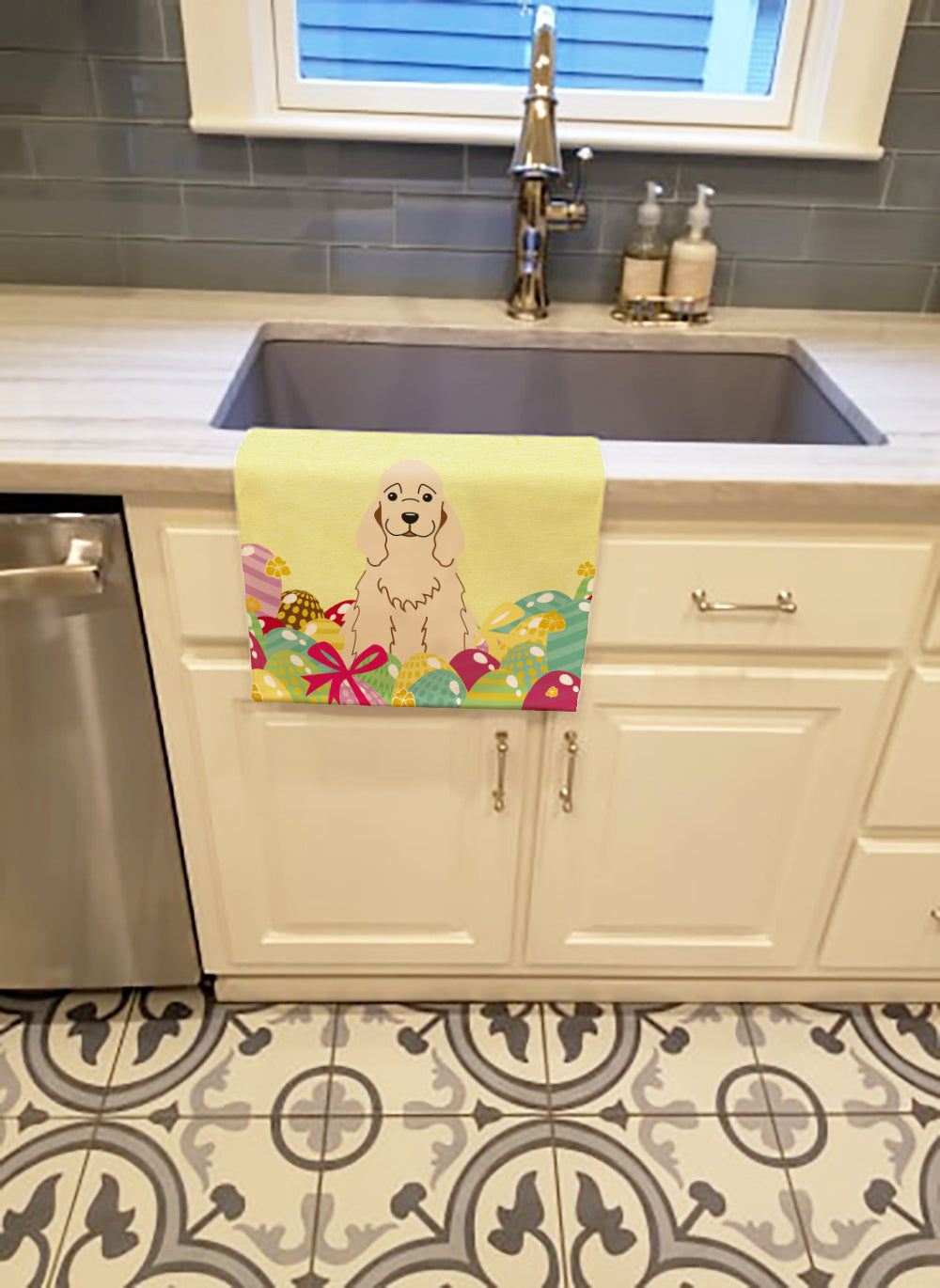 Easter Eggs Cocker Spaniel Buff Kitchen Towel Velour Plush Front and Cotton Loop Back Machine Washable