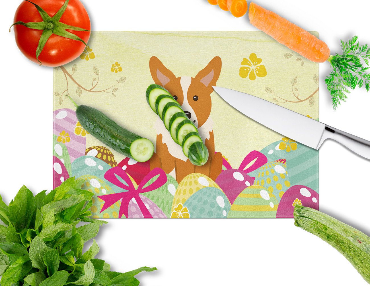 Easter Eggs Corgi Cutting Board Tempered Glass Kitchen Cutting Surface, Heat Resistant Chopping, Non-Slip Feet, Food Prep & Serving