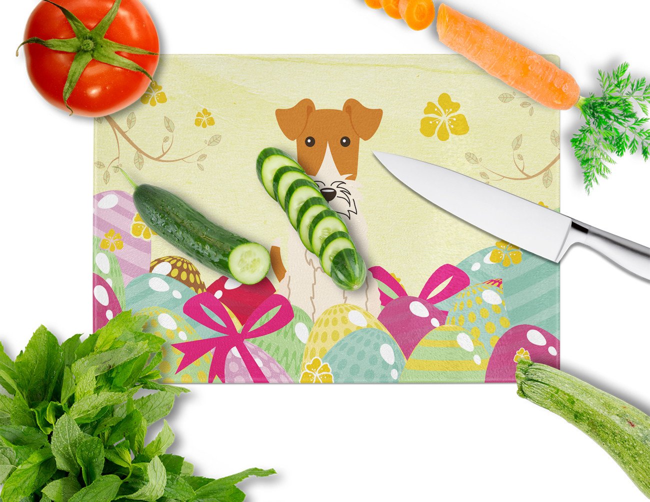 Easter Eggs Wire Fox Terrier Cutting Board Tempered Glass Kitchen Cutting Surface, Heat Resistant Chopping, Non-Slip Feet, Food Prep & Serving