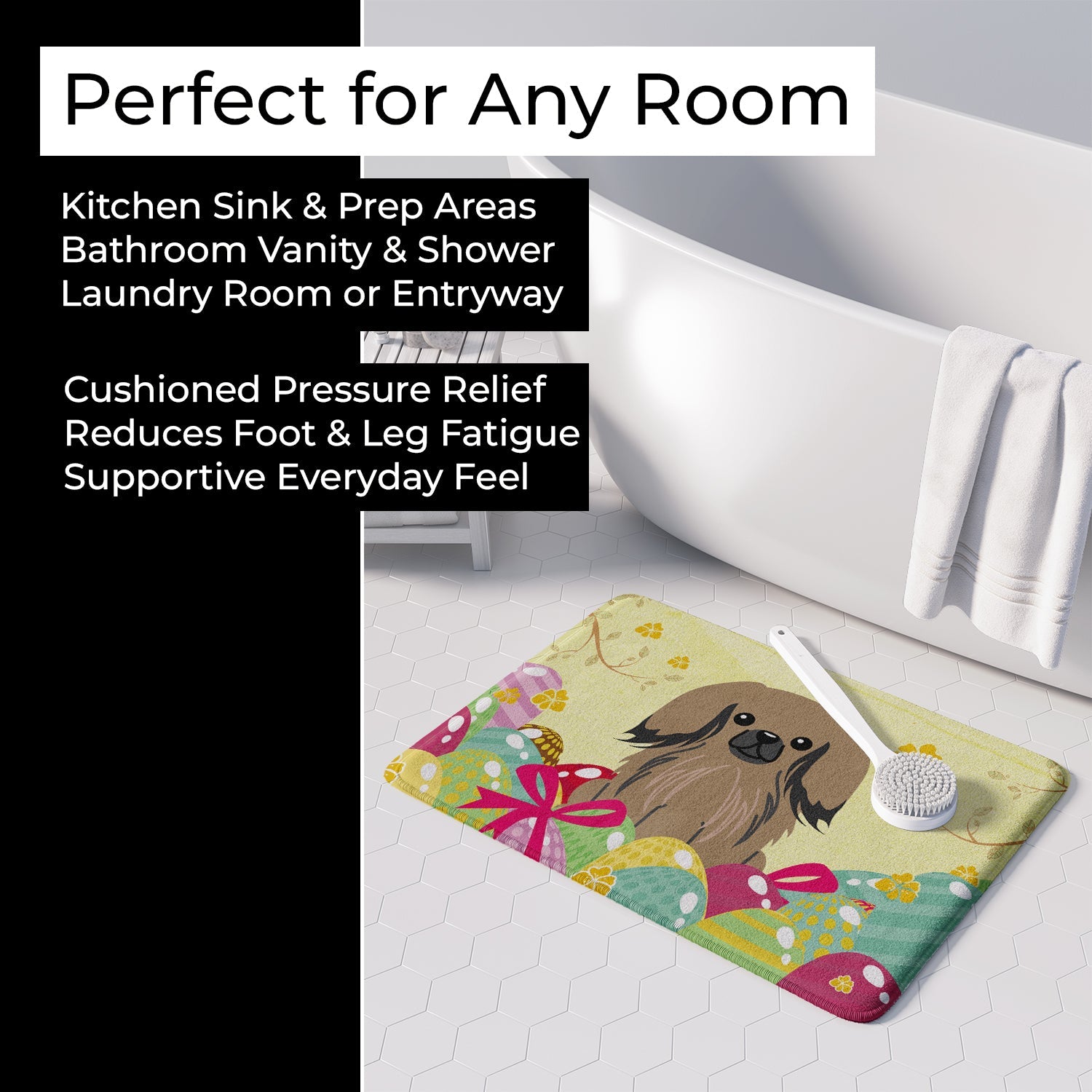 Easter Eggs Pekingese Tan Memory Foam Kitchen Mat Machine Washable Anti-Fatigue Cushion Comfort Bath or Kitchen Rug
