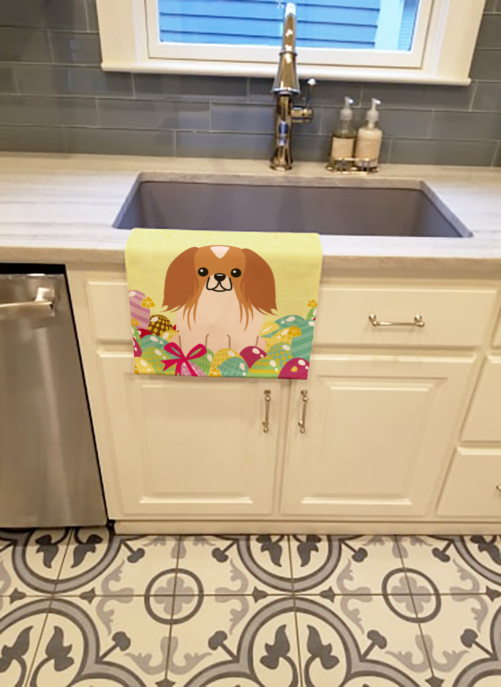 Easter Eggs Pekingese Red White Kitchen Towel Velour Plush Front and Cotton Loop Back Machine Washable