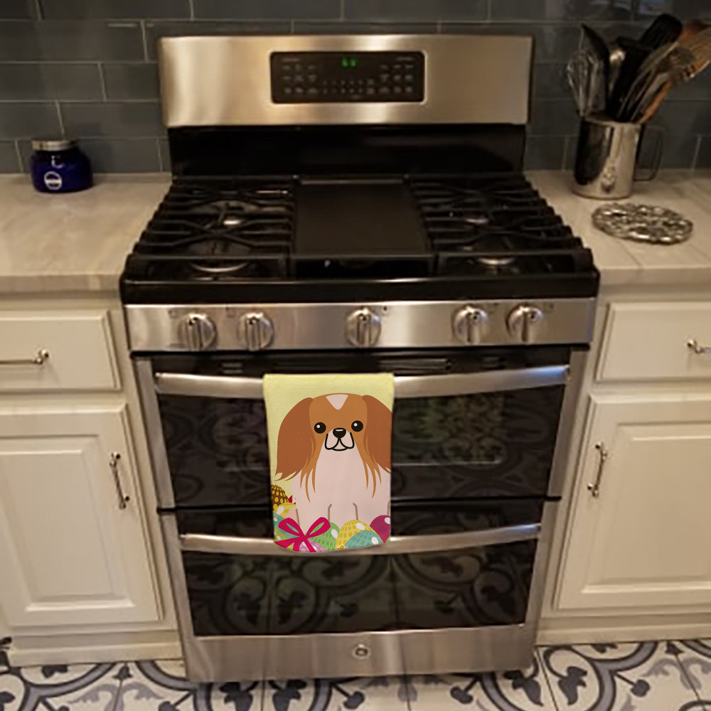 Easter Eggs Pekingese Red White Kitchen Towel Velour Plush Front and Cotton Loop Back Machine Washable