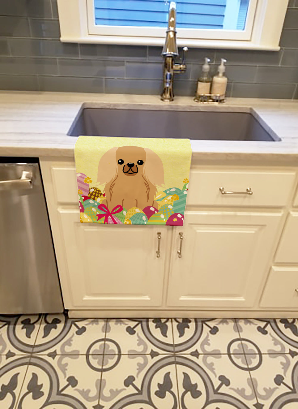 Easter Eggs Pekingese Fawn Sable Kitchen Towel Velour Plush Front and Cotton Loop Back Machine Washable
