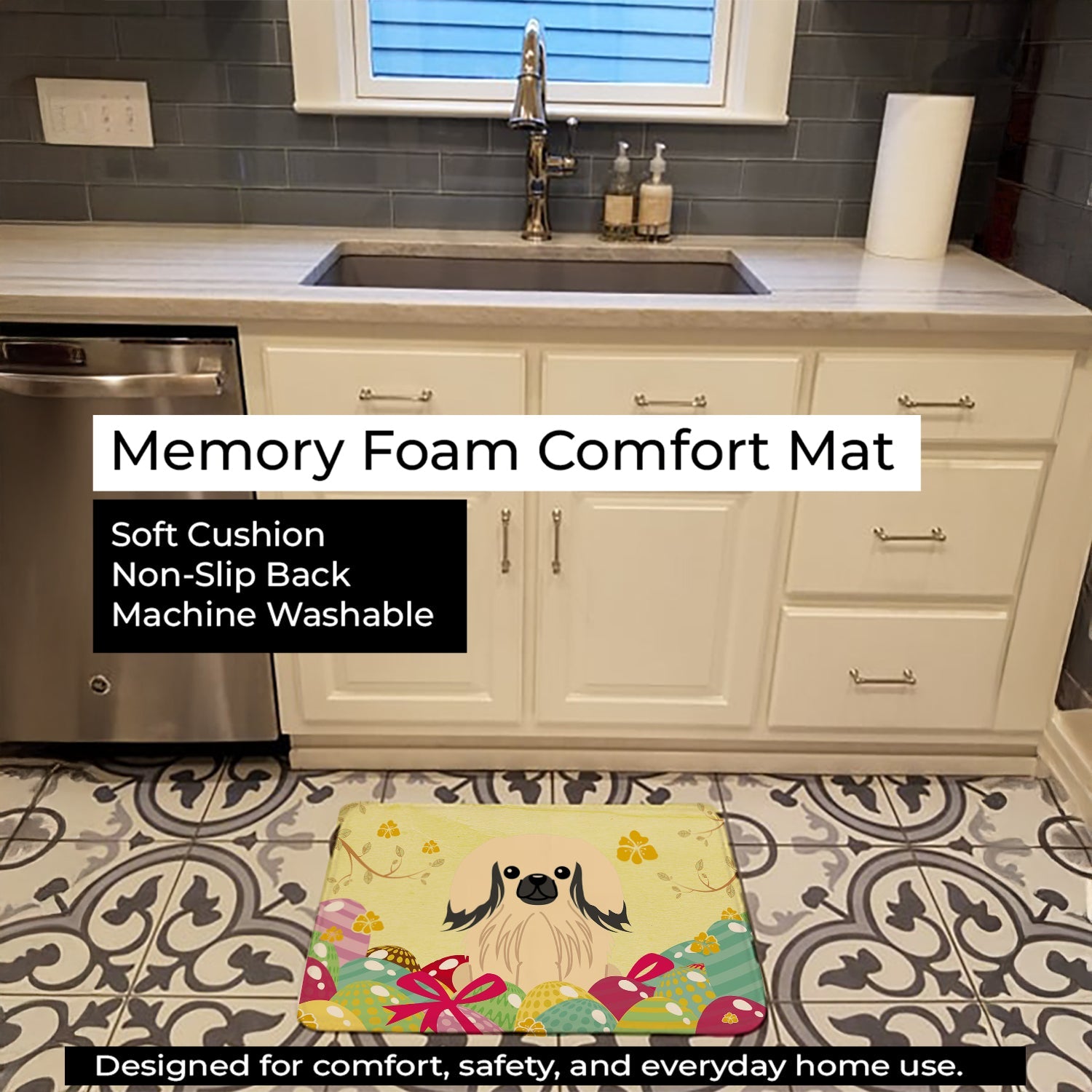 Easter Eggs Pekingese Cream Memory Foam Kitchen Mat Machine Washable Anti-Fatigue Cushion Comfort Bath or Kitchen Rug