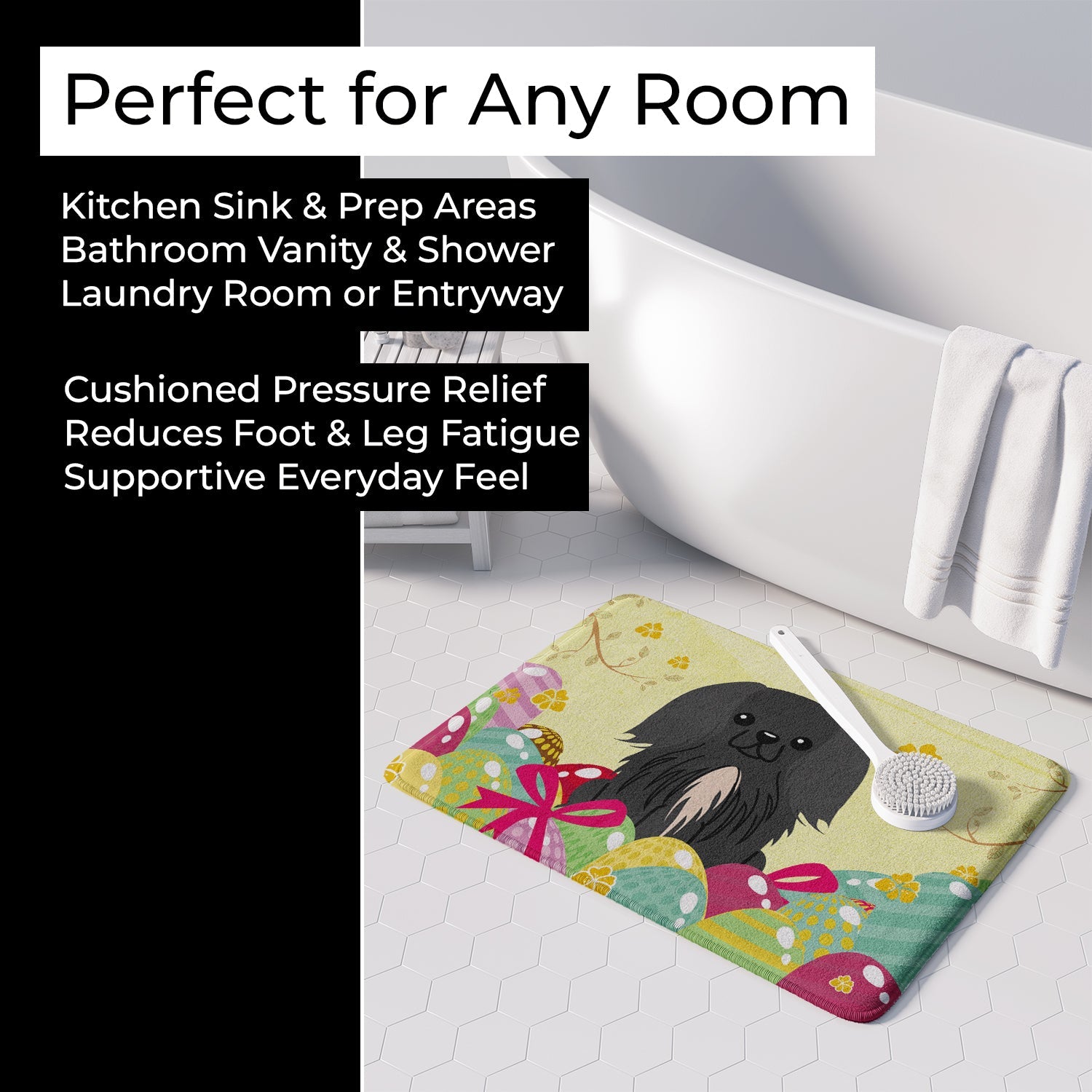 Easter Eggs Pekingese Black Memory Foam Kitchen Mat Machine Washable Anti-Fatigue Cushion Comfort Bath or Kitchen Rug