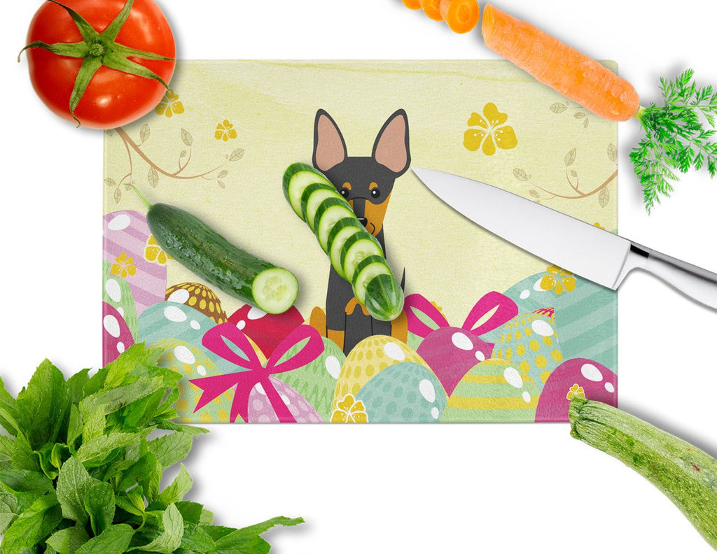 Easter Eggs English Toy Terrier Cutting Board Tempered Glass Kitchen Cutting Surface, Heat Resistant Chopping, Non-Slip Feet, Food Prep & Serving