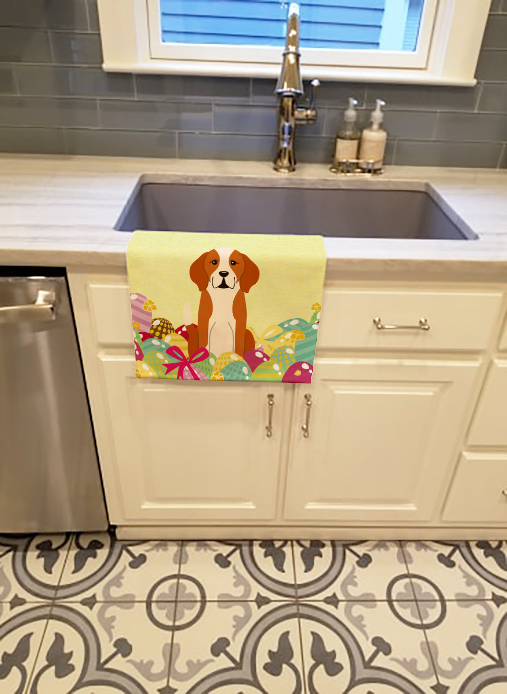 Easter Eggs English Foxhound Kitchen Towel Velour Plush Front and Cotton Loop Back Machine Washable