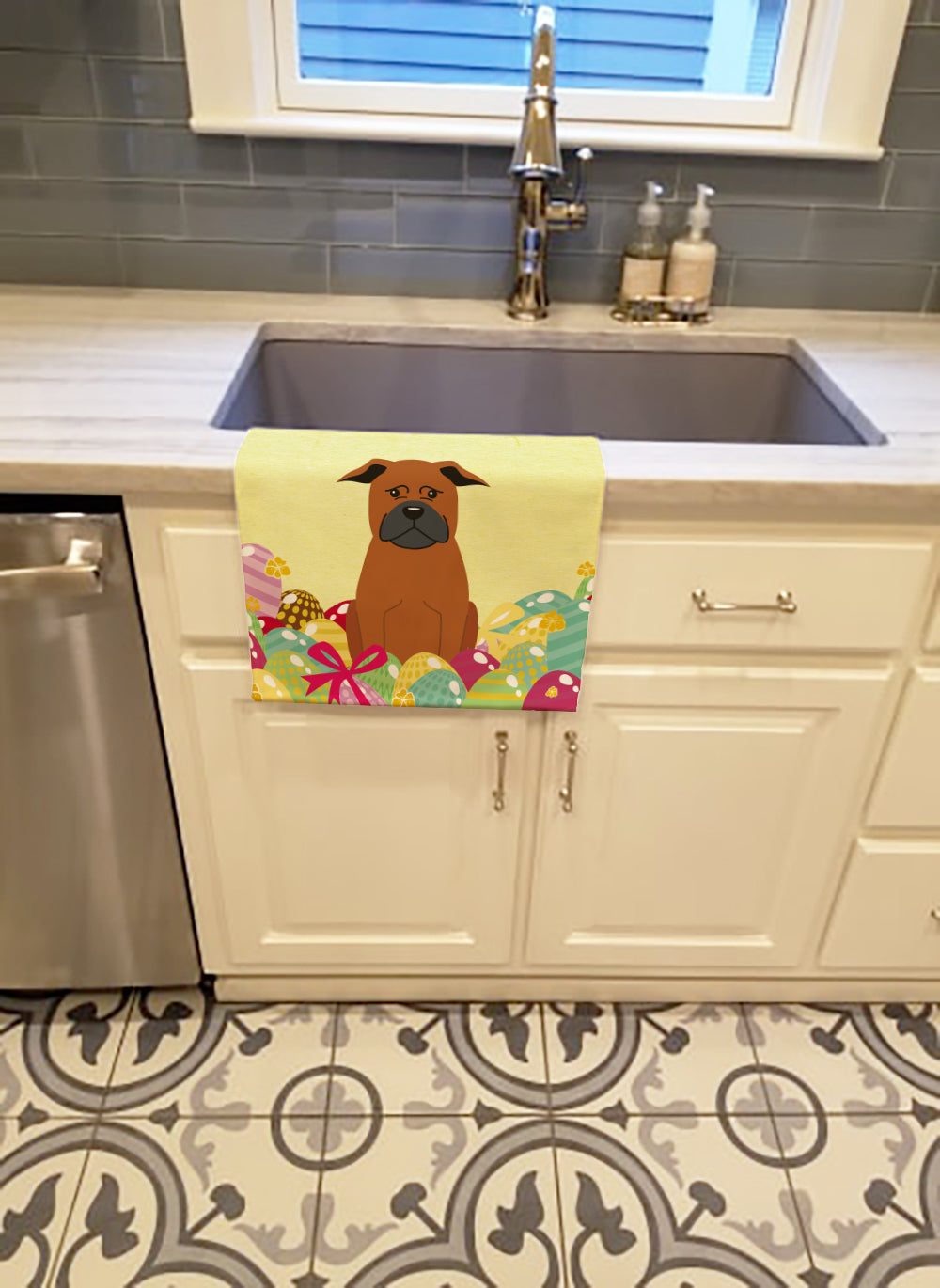 Easter Eggs Chinese Chongqing Dog Kitchen Towel Velour Plush Front and Cotton Loop Back Machine Washable